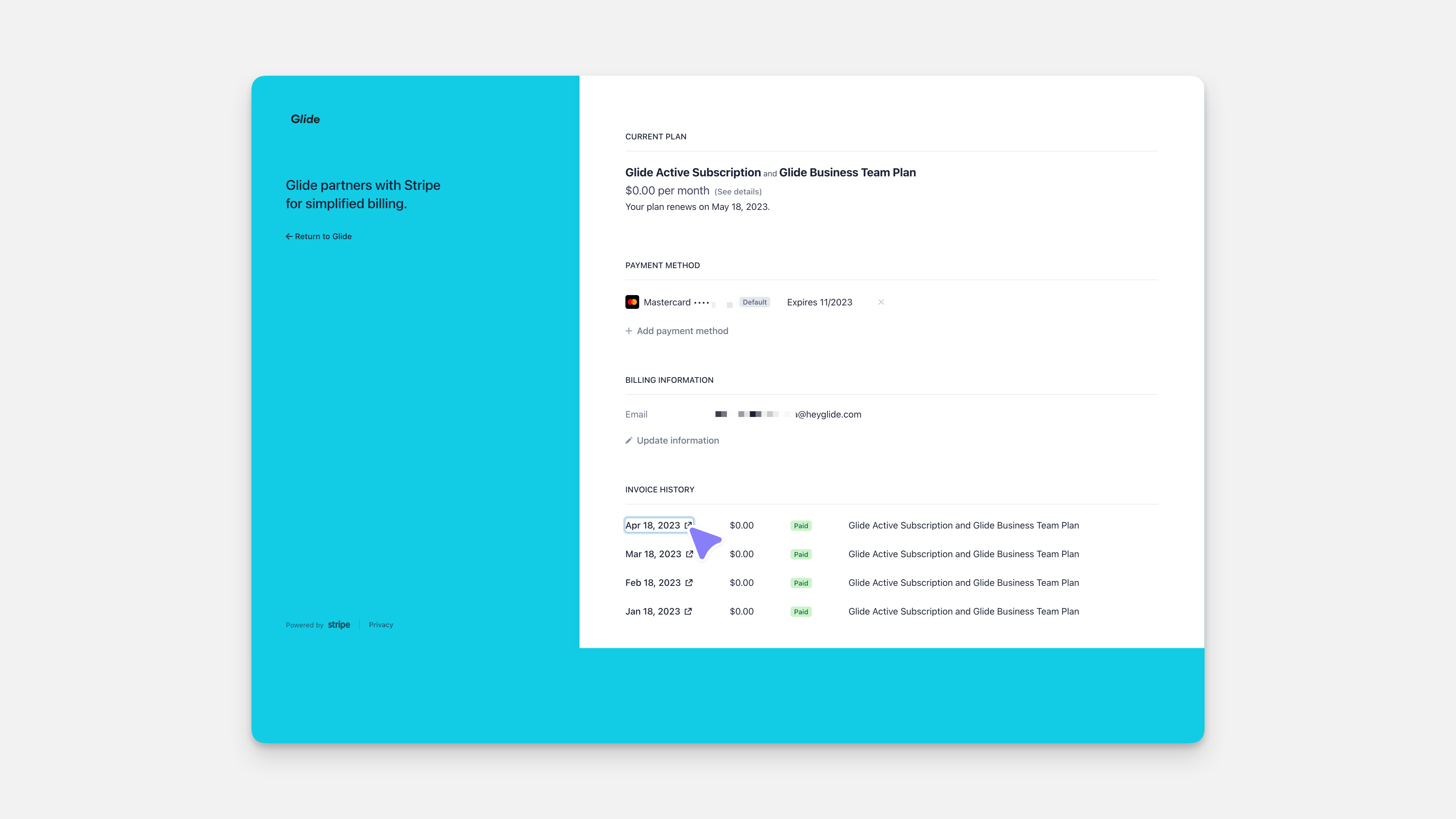 Clicking on the icon to view invoice for that specific transaction